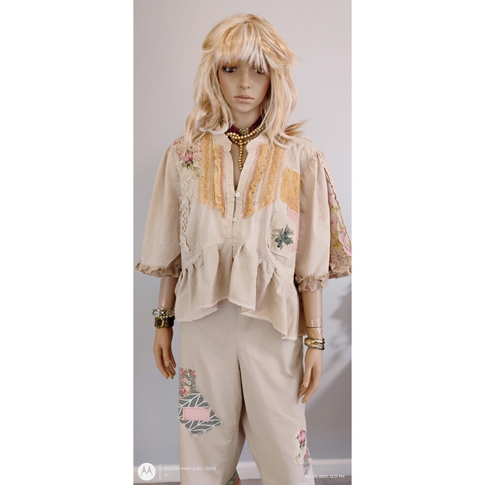 Custom Upcycle Shabby Chic Blouse Oversized Hippie Tea Dyed Lace Crochet Tunic